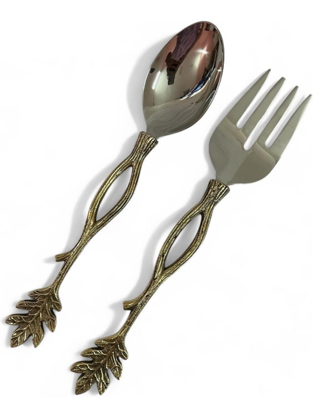 Elegant Gold Salad Serving Spoon & Fork Set - Stainless Steel, Leaf Handle